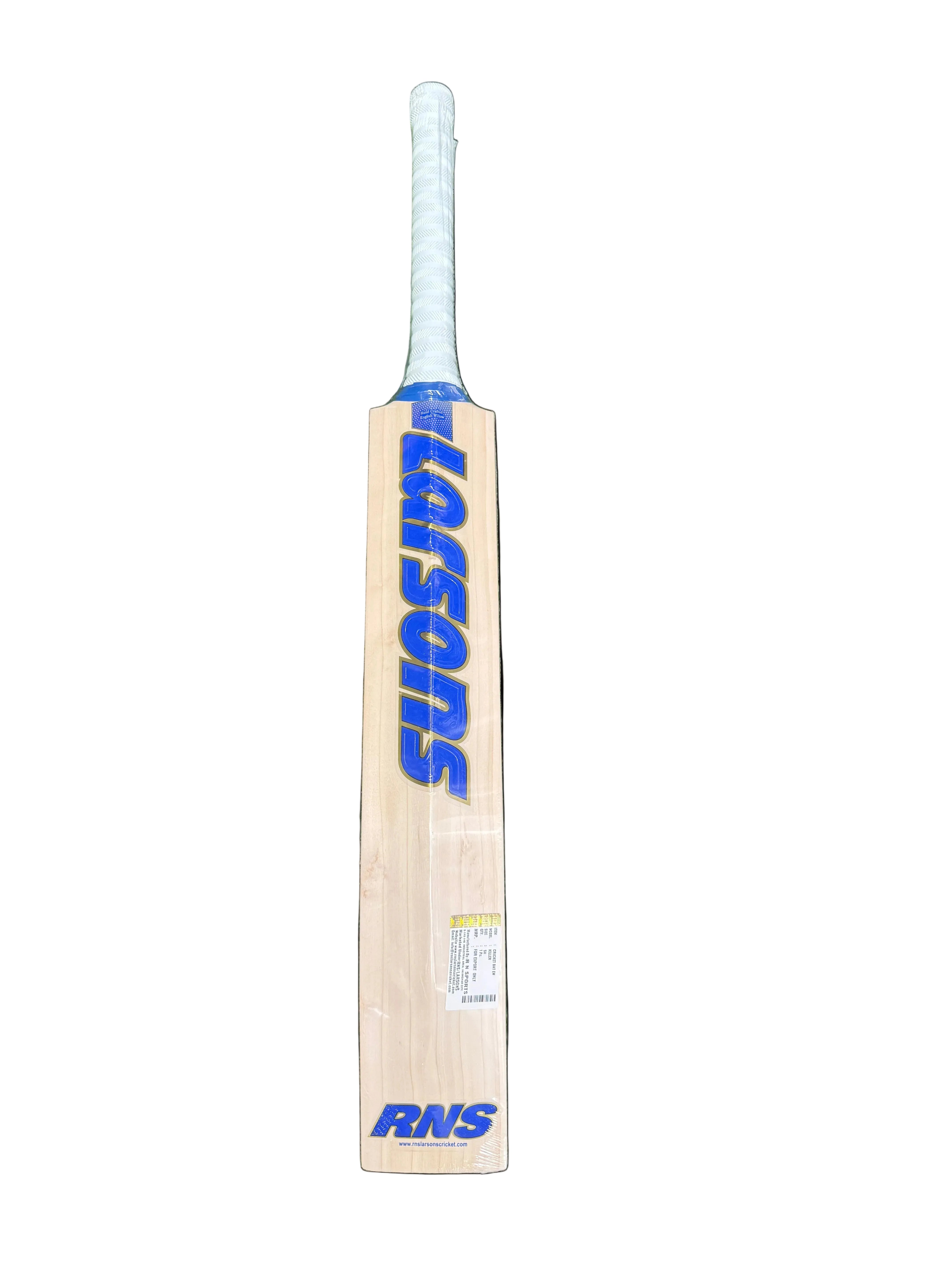 A wooden cricket bat with blue 'LARSONS' and 'RNS' branding, placed vertically on green grass.