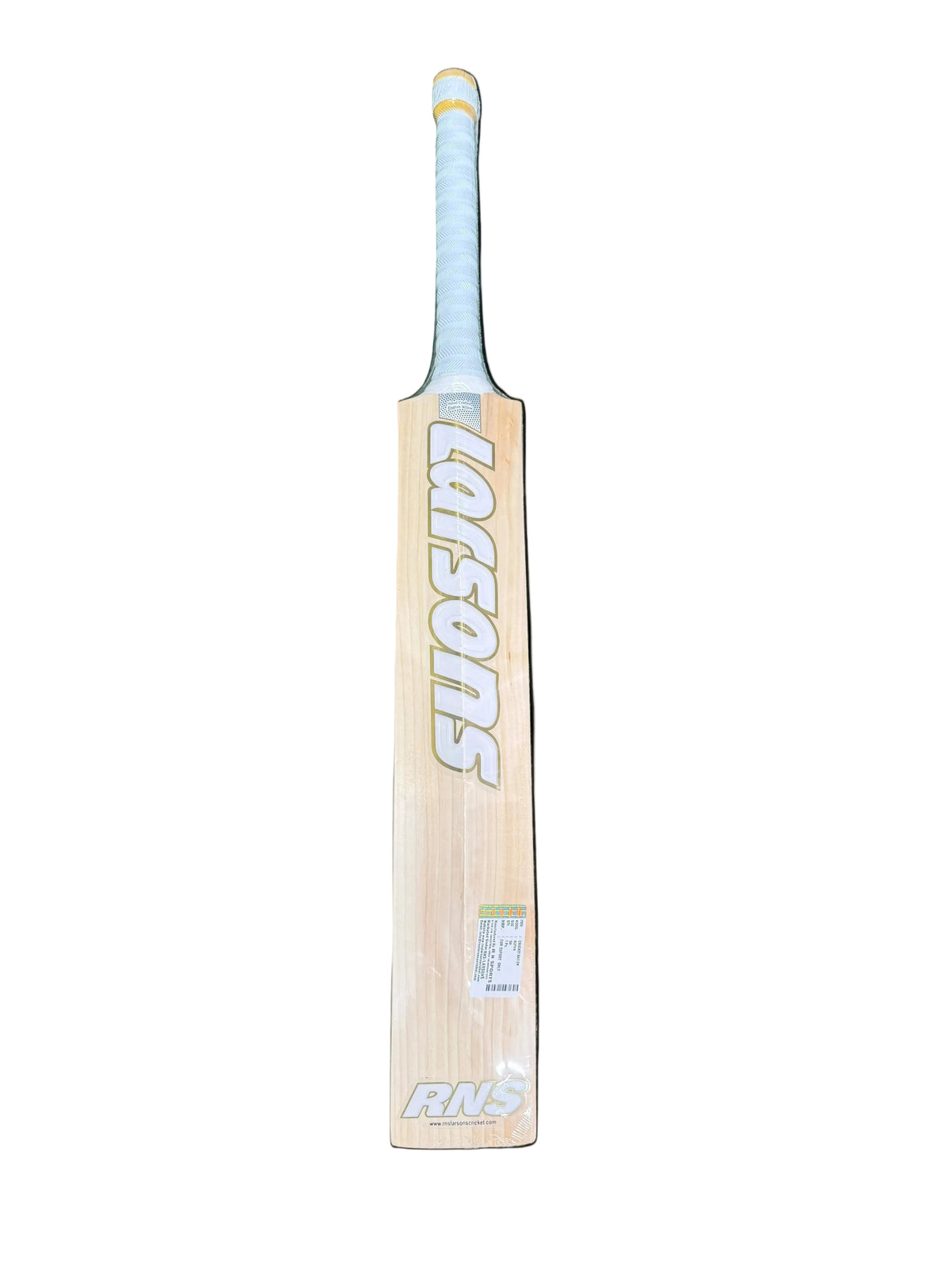 A wooden cricket bat with 'LARSONS' printed vertically on the blade, placed on a green grass surface.
