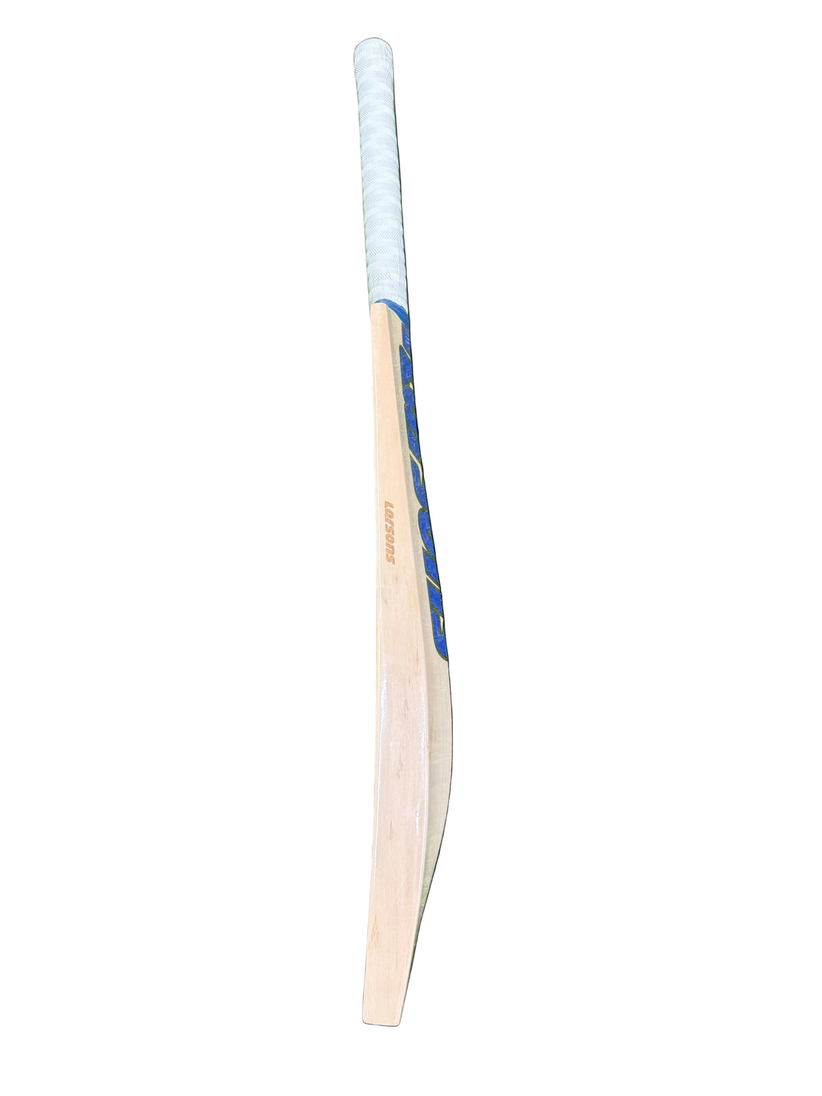 A wooden cricket bat with blue and white grip tape, laid flat on green artificial turf.